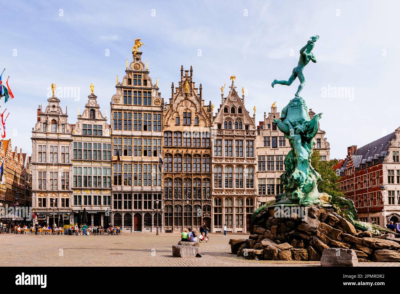 Guild houses in the Grote Markt with the Brabo Fountain. Guild Houses in Grote Markt, is a row of guild houses initially built around 1580. During the Stock Photo
