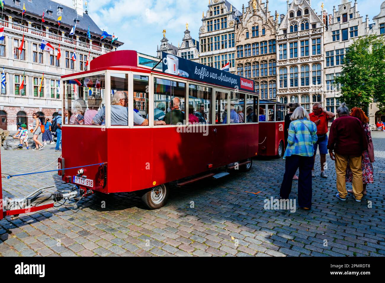 Train for sightseeing tours. The Grote Markt is the central square of Antwerp, Belgium, situated in the old city quarter. Antwerp, Flemish Region, Bel Stock Photo