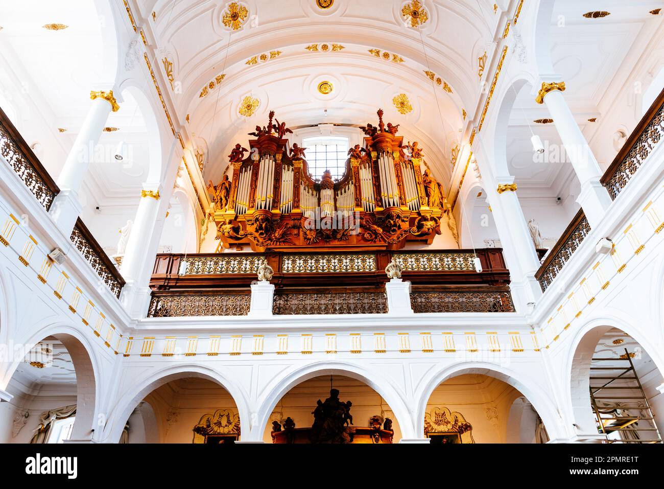 The organ. The original organ did not survive the 1718 fire and about 1720 the present organ was installed. St. Charles Borromeo Church is a church in Stock Photo