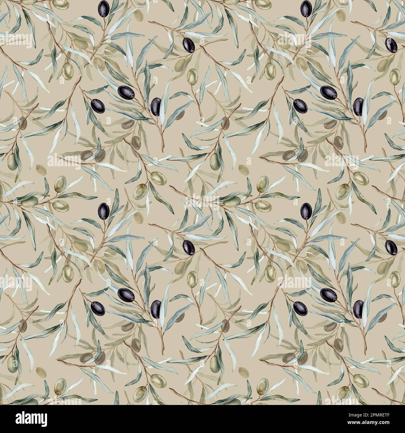 Watercolor seamless pattern with black and green olives and branch ...
