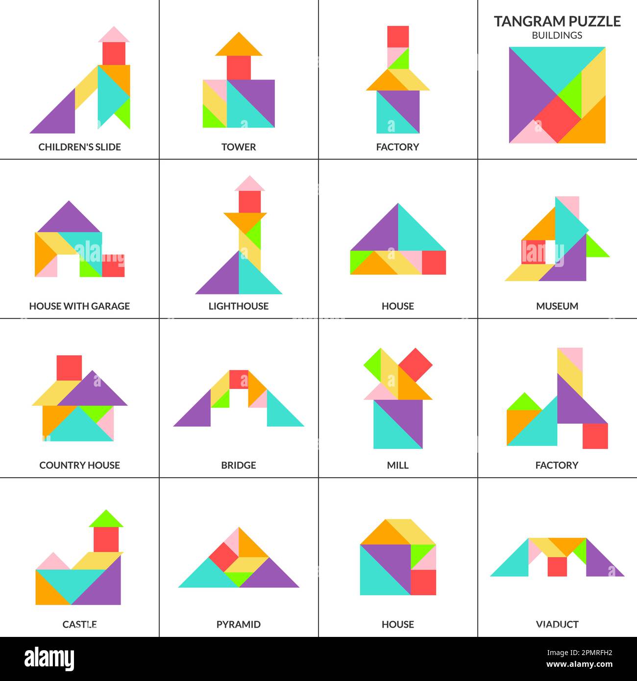 Tangram puzzle. Vector set with various buildings. Stock Vector