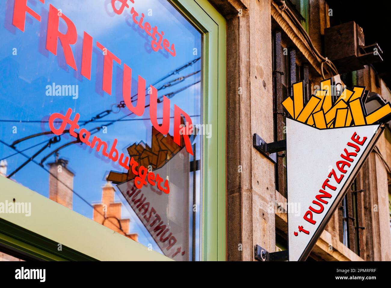 Advertising on the outside of a Belgian fries shop. Ghent, East Flanders, Flemish Region, Belgium, Europe Stock Photo