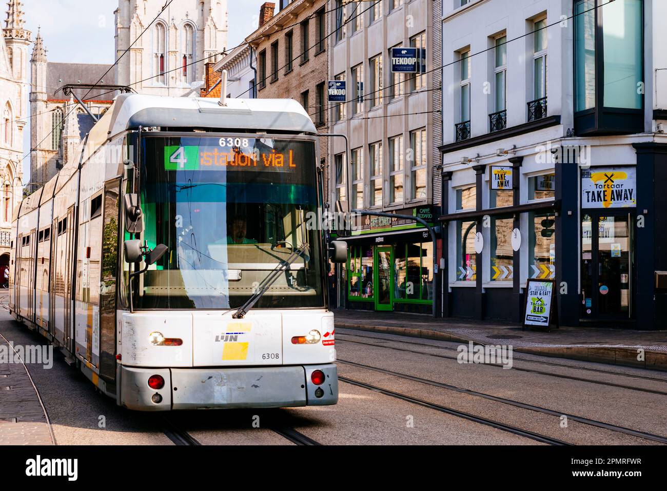 A HermeLijn tram. The Ghent tramway network is a network of tramways forming part of the public transport system in Ghent, with a total of three lines Stock Photo