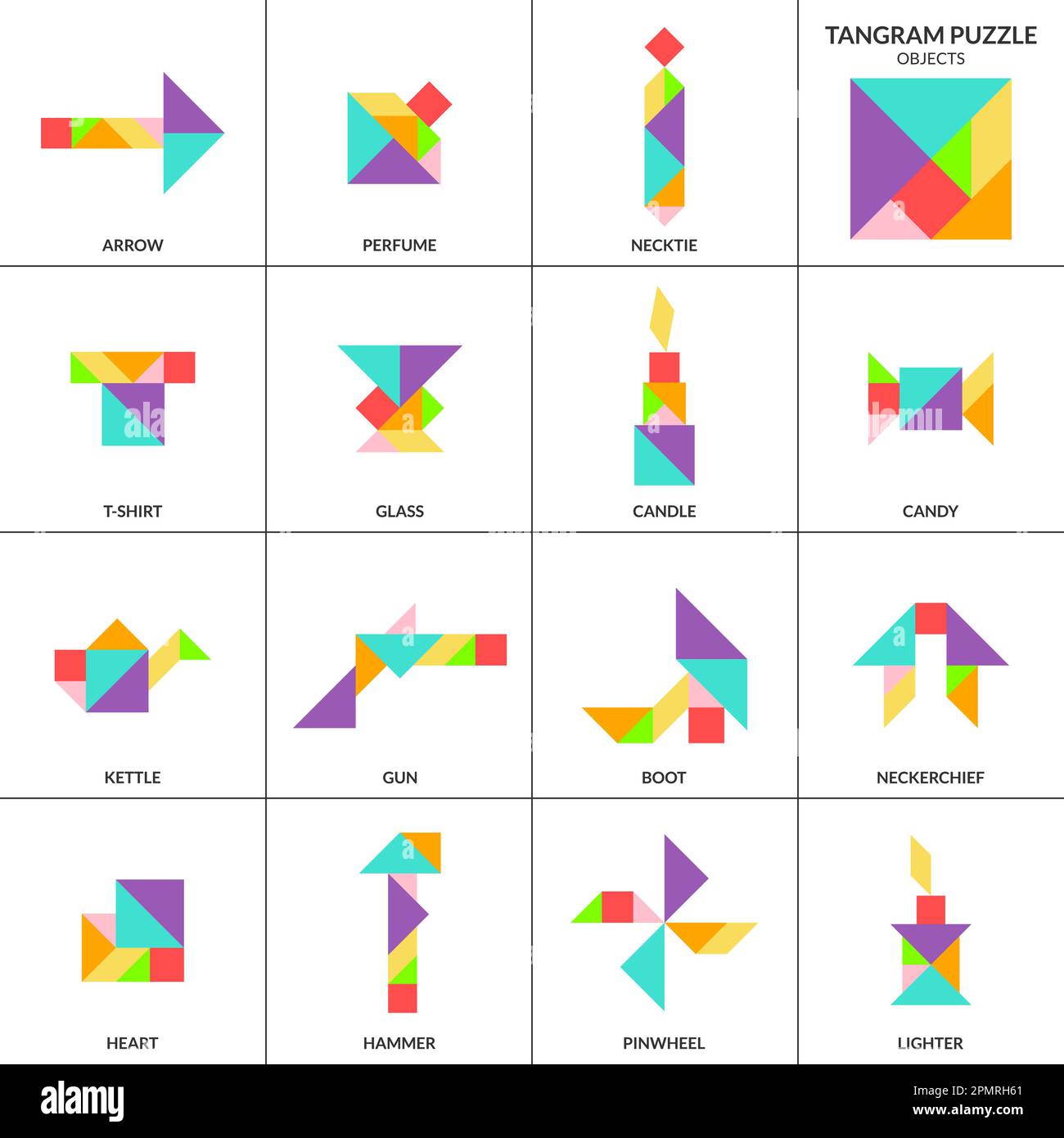 Tangram puzzle. Vector set with various objects. Stock Vector