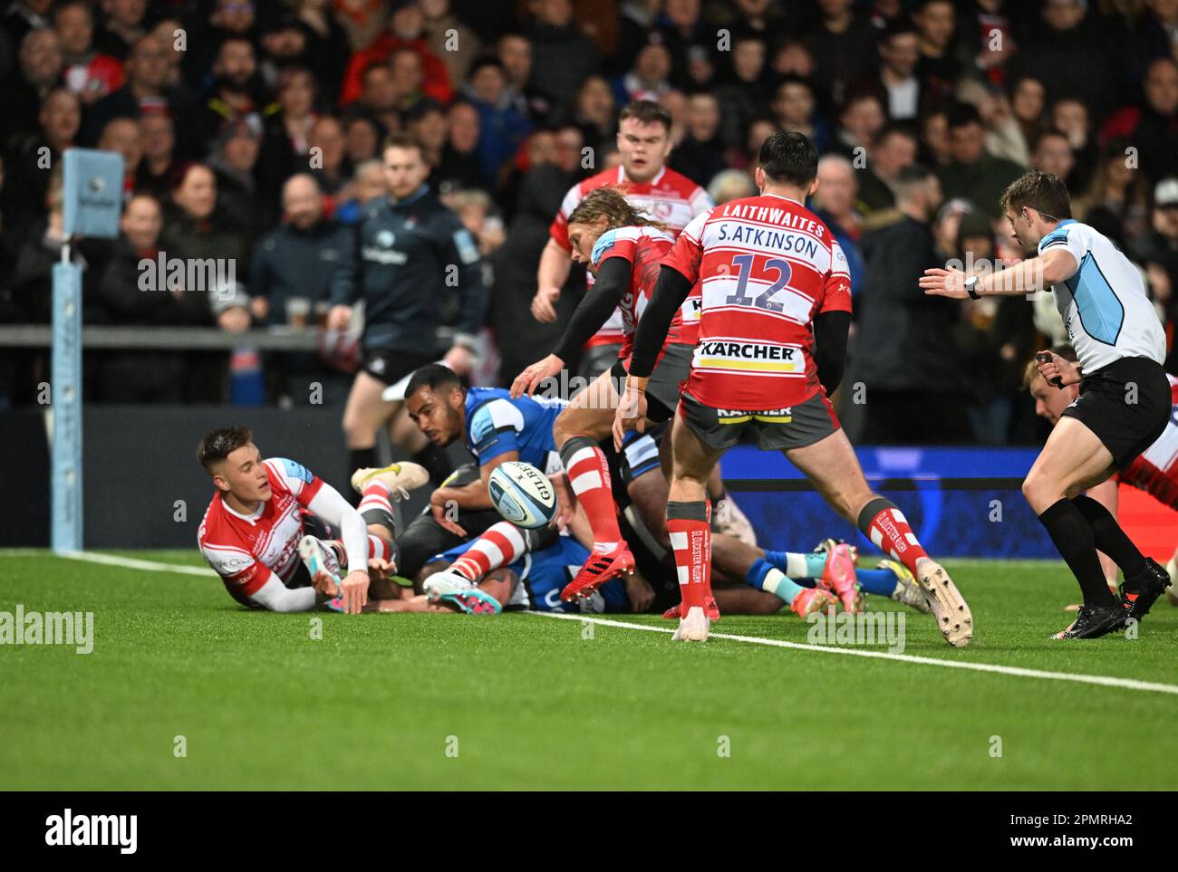 Kingsholm Stadium, Gloucester, Gloucestershire, UK. 14th Apr, 2023. Gallagher Premiership Rugby, Gloucester versus Bath; Max Ojomoh of Bath loses the ball forward on the try line Credit: Action Plus Sports/Alamy Live News Stock Photo
