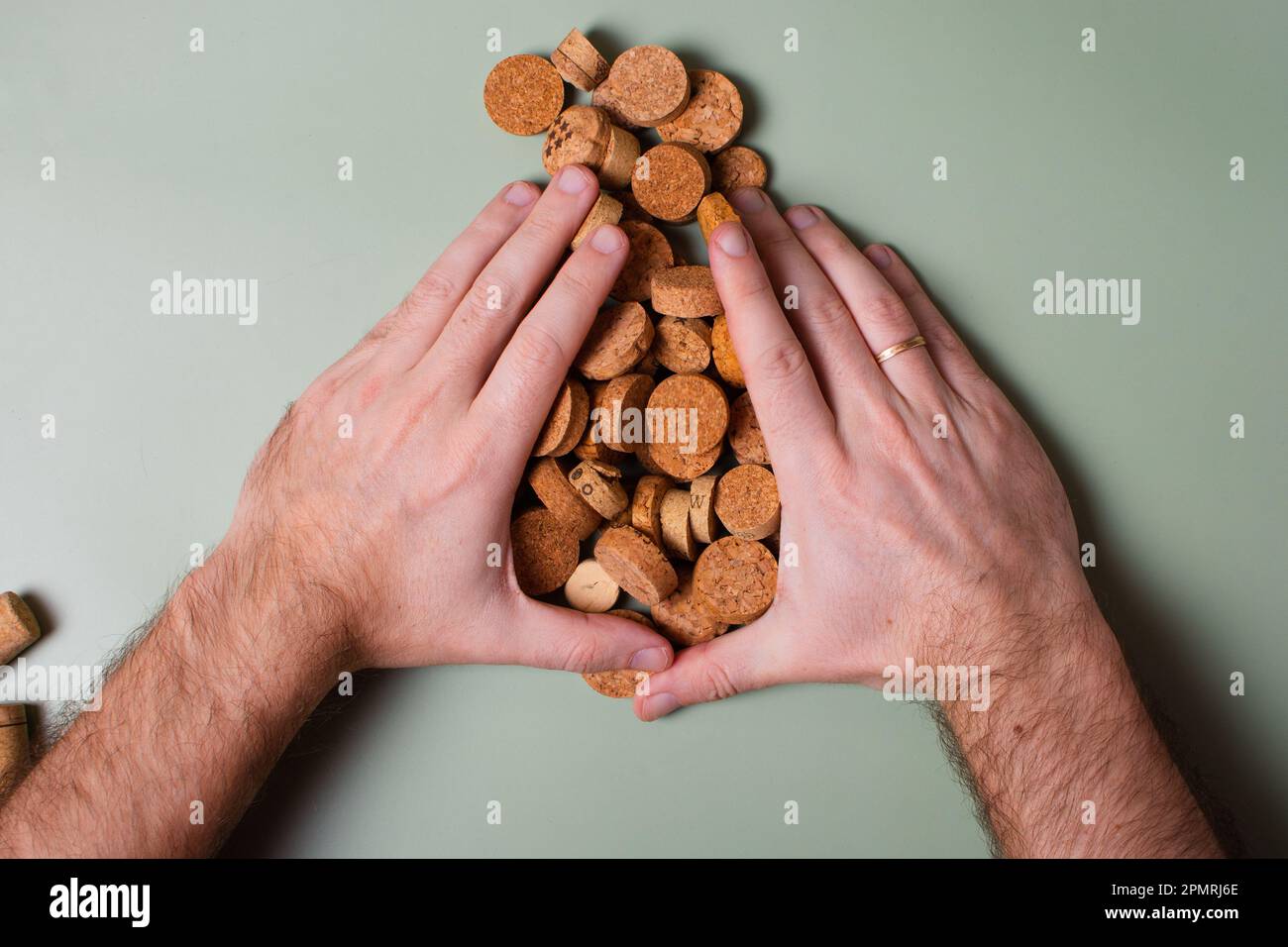 A man's hand holds cut corks and cuts them. Preservation of the planet's ecology. Raw materials for reuse. Environmental protection. Stock Photo