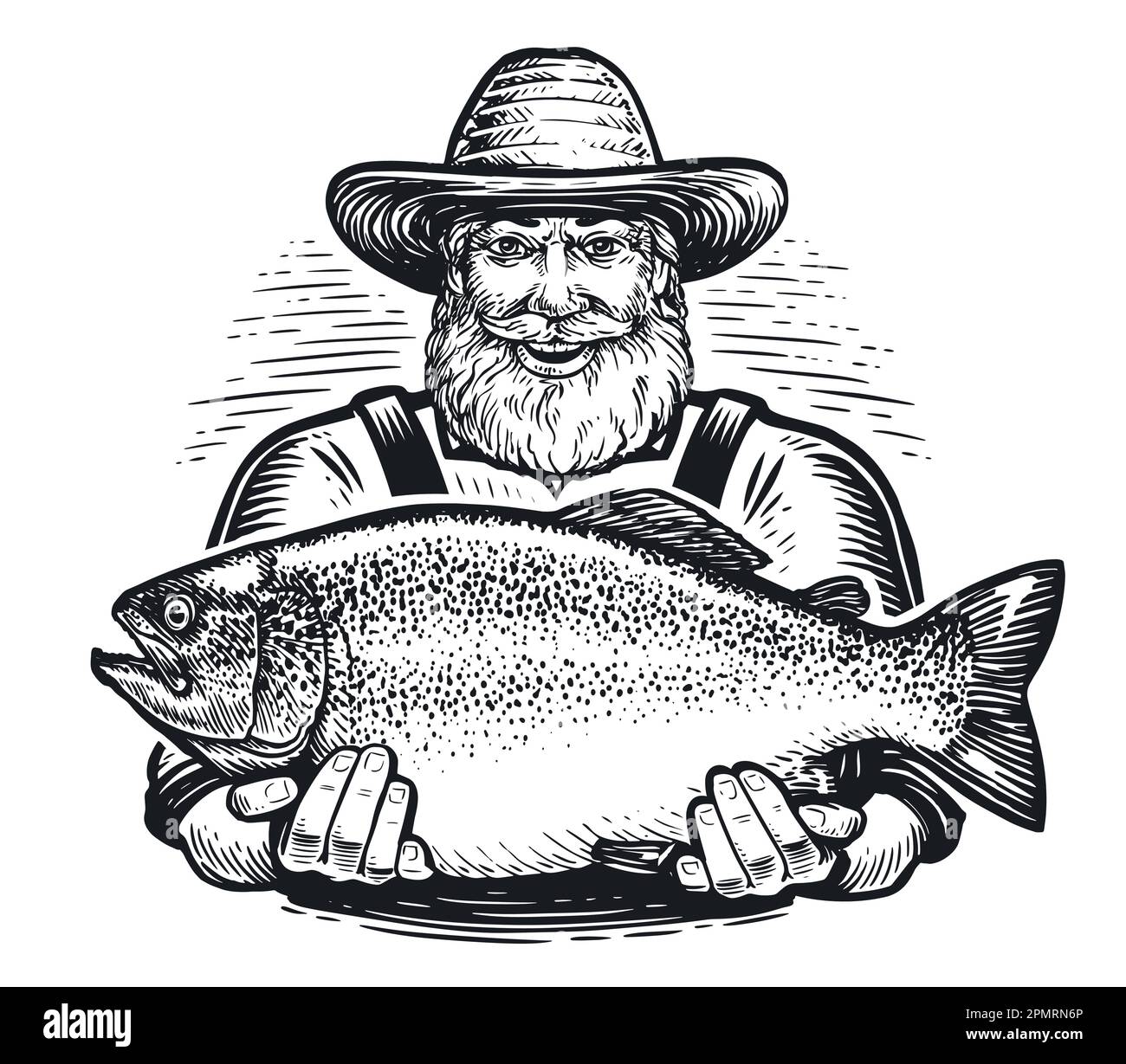 Happy old fisherman with big caught fish. Fishing concept. Hand drawn sketch vector illustration Stock Vector