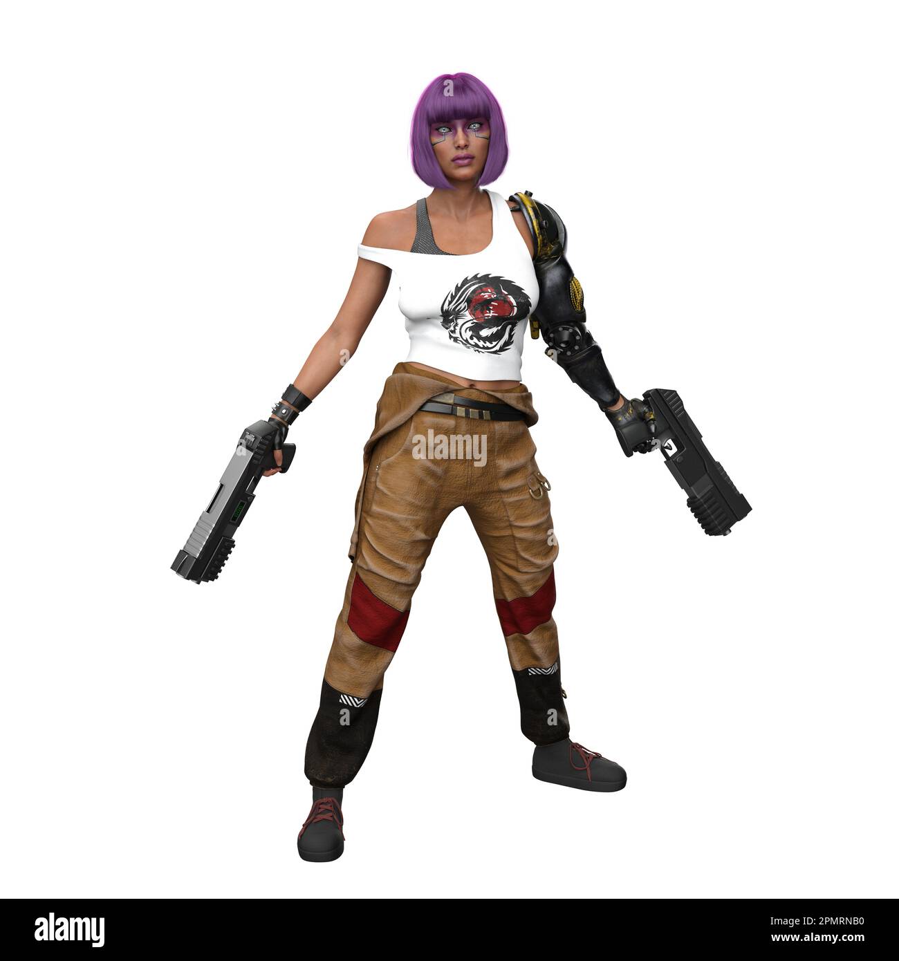 Futuristic cyberpunk woman, with purple hair, arm and eye