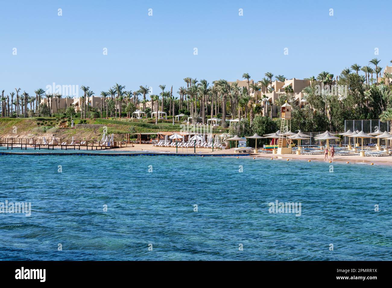 A view of the deckchairs on the beach of the Royal Savoy luxury hotel in Sharm el-Sheikh, Egypt Stock Photo