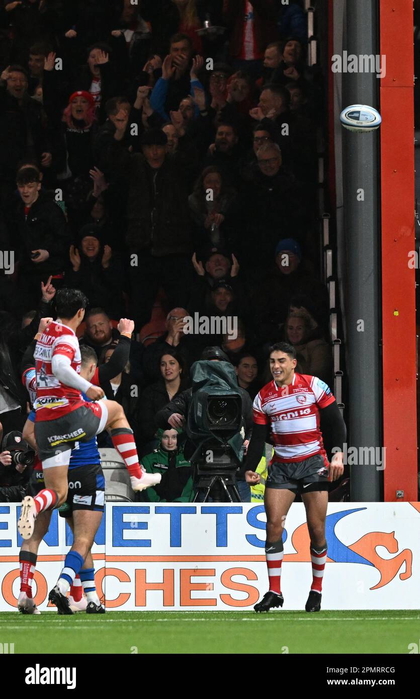 Kingsholm Stadium, Gloucester, Gloucestershire, UK. 14th Apr, 2023. Gallagher Premiership Rugby, Gloucester versus Bath; Santi Carreras of Gloucester celebrates scoring a try with Louis Rees-Zammit Credit: Action Plus Sports/Alamy Live News Stock Photo
