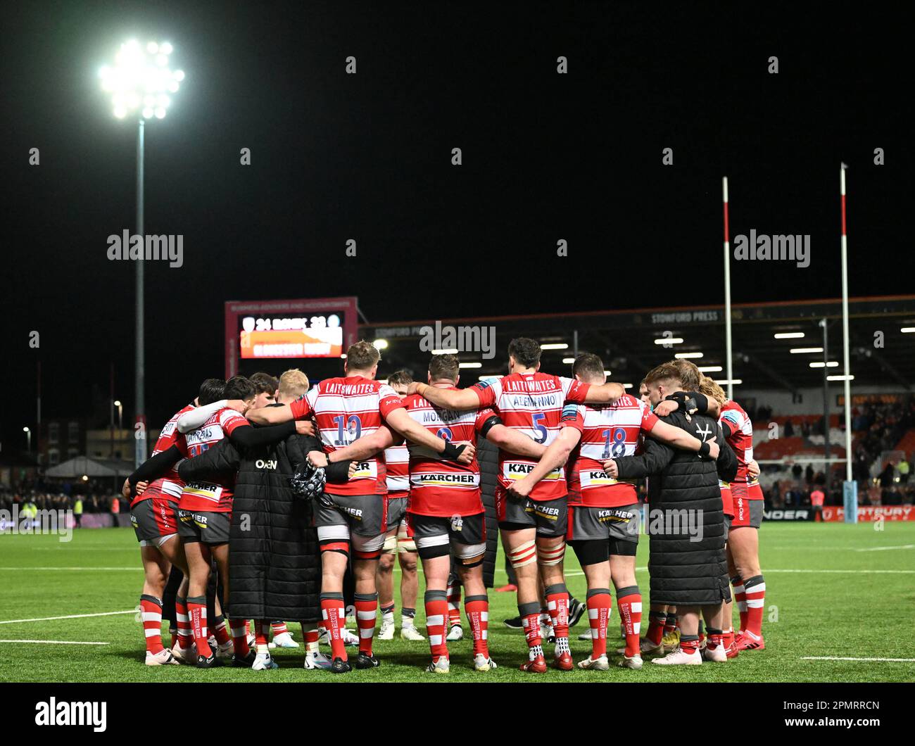 Kingsholm Stadium, Gloucester, Gloucestershire, UK. 14th Apr, 2023. Gallagher Premiership Rugby, Gloucester versus Bath; Gloucester huddle after the match Credit: Action Plus Sports/Alamy Live News Stock Photo