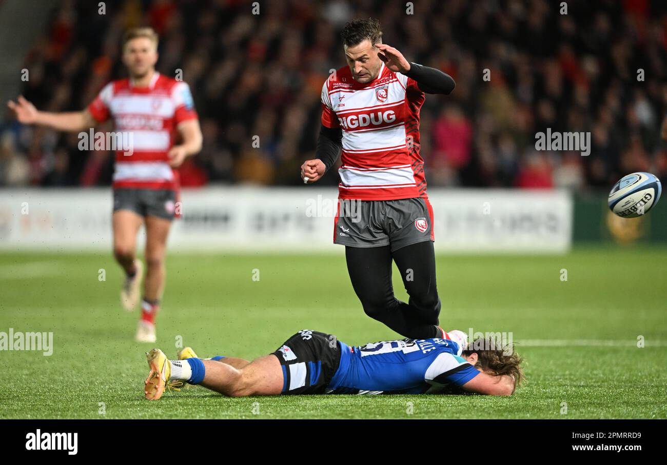 Kingsholm Stadium, Gloucester, Gloucestershire, UK. 14th Apr, 2023. Gallagher Premiership Rugby, Gloucester versus Bath; Tom de Glanville of Bath and Jonny May of Gloucester collide while competing for the ball Credit: Action Plus Sports/Alamy Live News Stock Photo