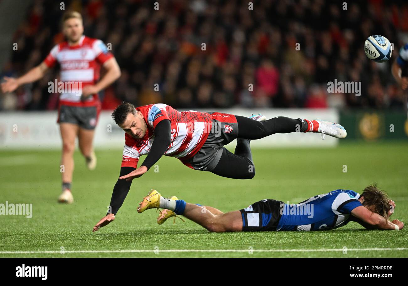 Kingsholm Stadium, Gloucester, Gloucestershire, UK. 14th Apr, 2023. Gallagher Premiership Rugby, Gloucester versus Bath; Tom de Glanville of Bath and Jonny May of Gloucester collide while competing for the ball Credit: Action Plus Sports/Alamy Live News Stock Photo