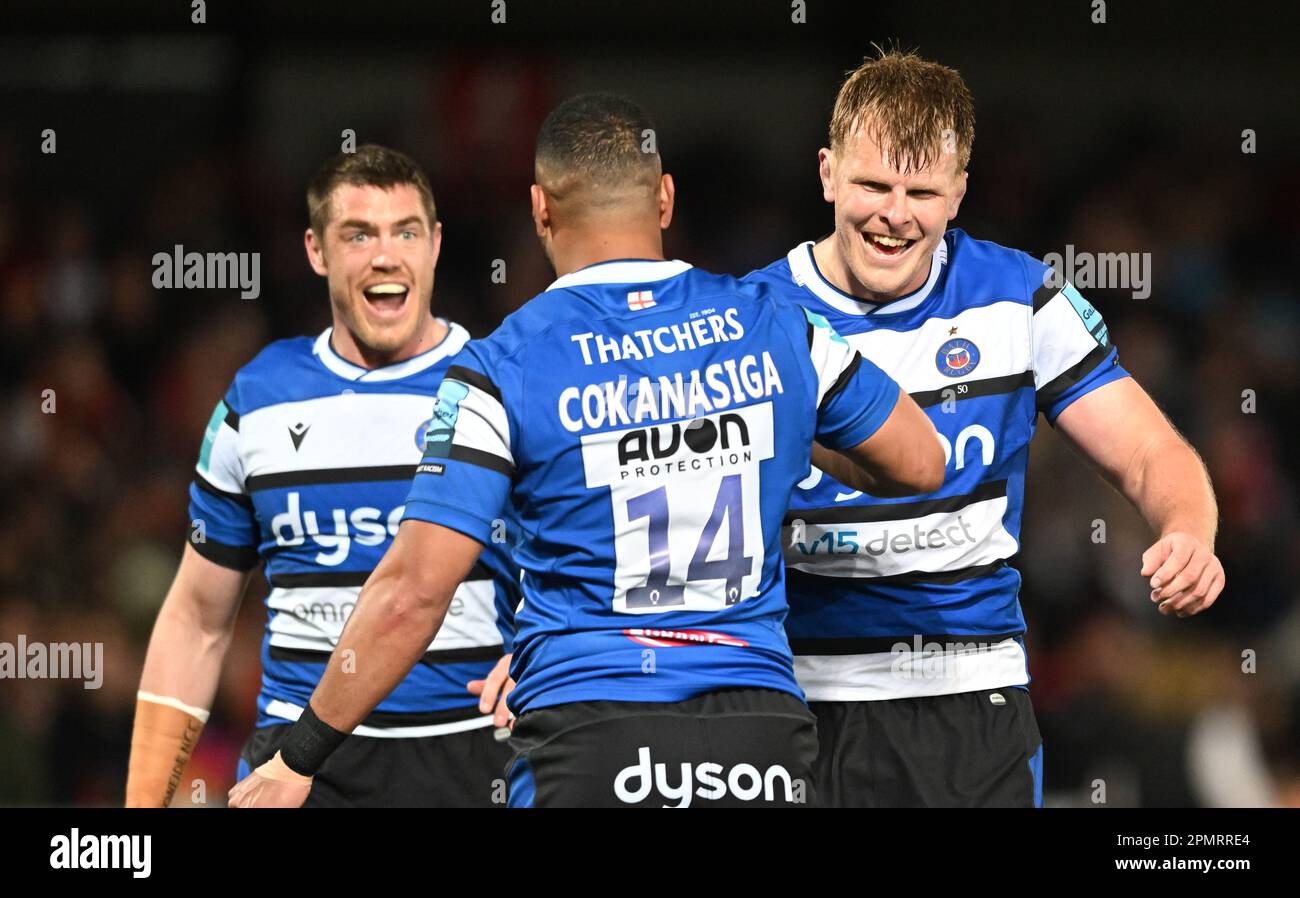 Kingsholm Stadium, Gloucester, Gloucestershire, UK. 14th Apr, 2023. Gallagher Premiership Rugby, Gloucester versus Bath; Bath players celebrate winning the match 24-33 Credit: Action Plus Sports/Alamy Live News Stock Photo