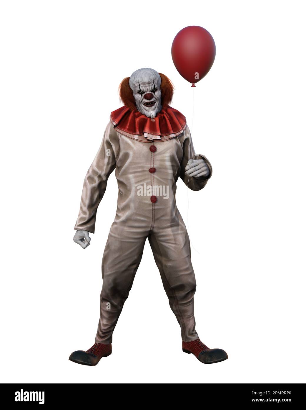 Scary clown standing in red and white costume with balloon and looking at camera with evil grin. 3D illustration isolated on white background. Stock Photo