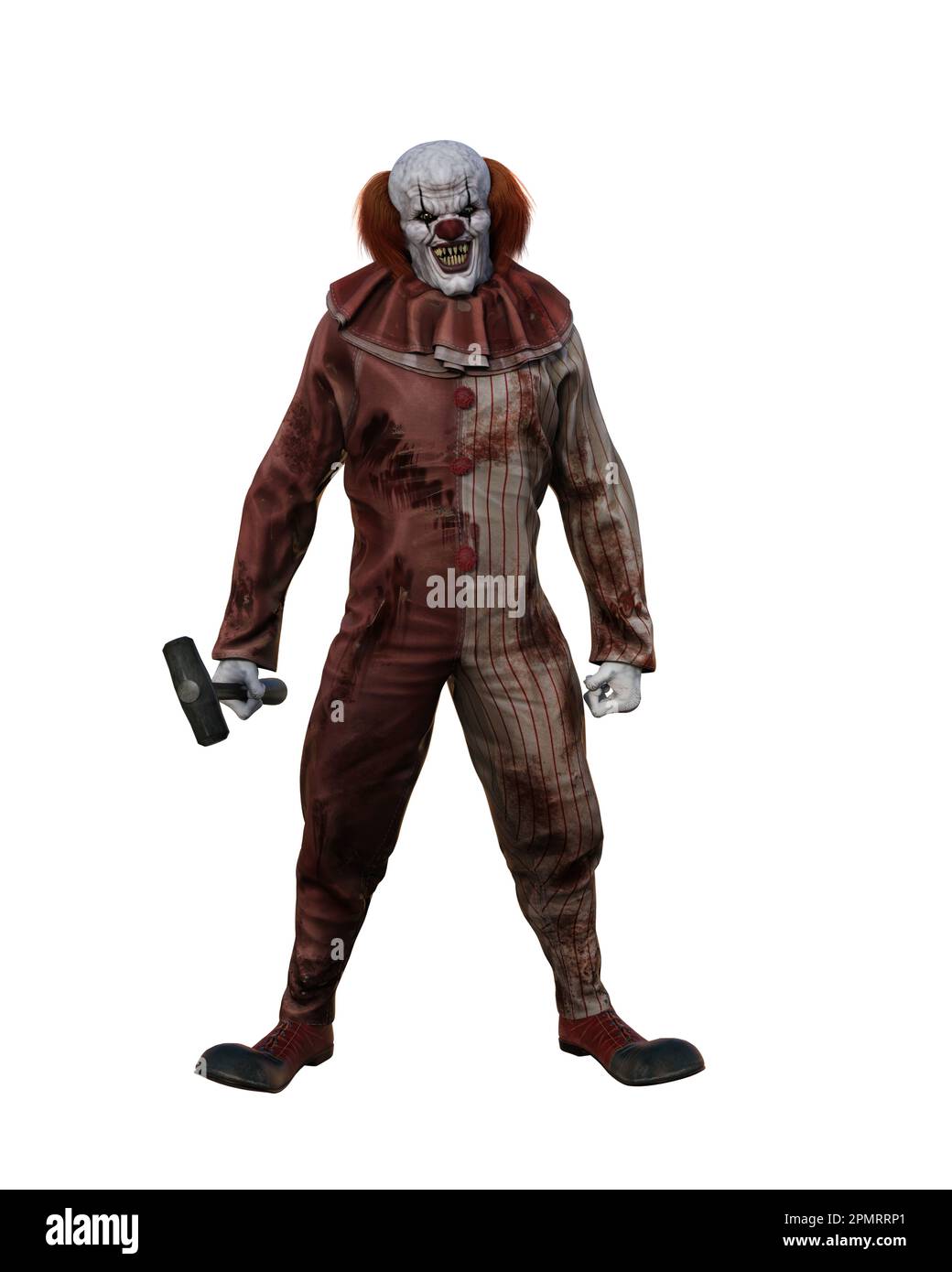 Evil clown standing in blood stained costume looking at camera with a large hammer in his right hand. 3D illustration isolated on white background. Stock Photo