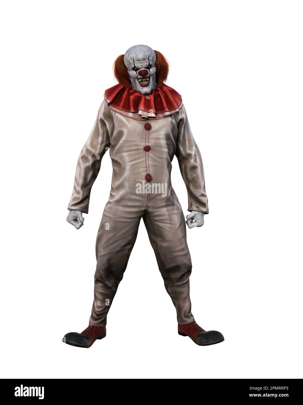 Scary clown standing in costume with wide evil grin showing sharp pointed teeth. 3D illustration isolated on white background. Stock Photo
