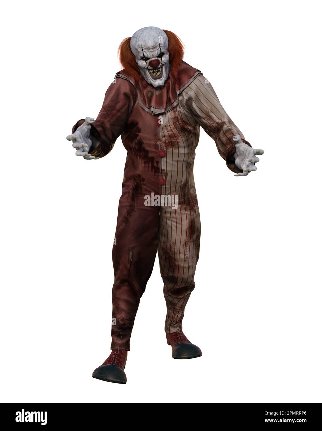 Evil clown in blood stained costume walking towards the camera reaching with outstretched hands showing sharp pointed teeth and nails.   3D illustrati Stock Photo