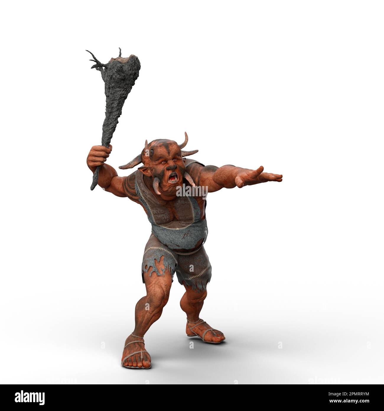 3D illustration of a Troll fantasy creature weilding a large wooden club weapon isolated on a white background. Stock Photo