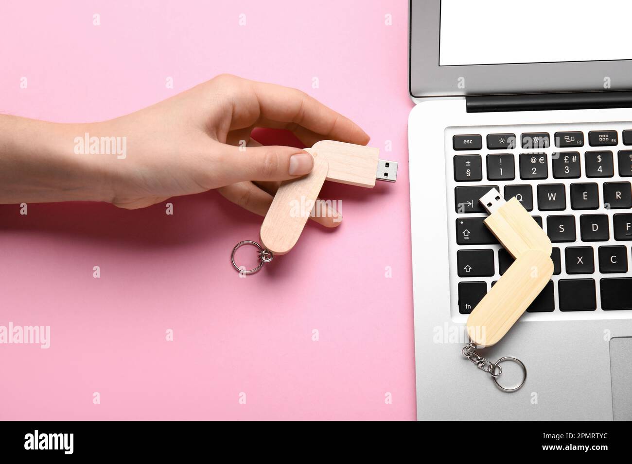 Woman plugging wooden USB flash drive into modern laptop on pink background Stock Photo