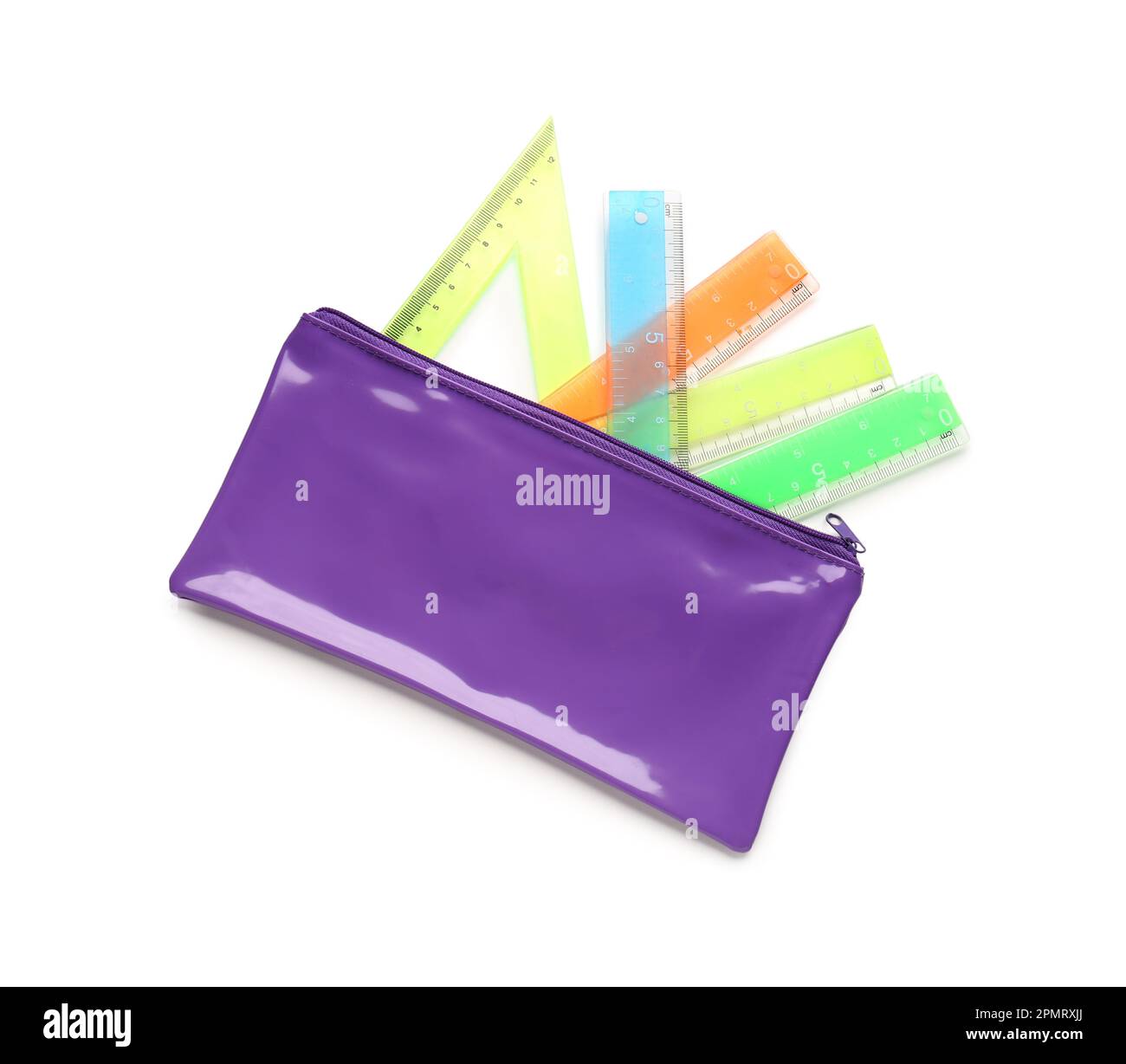 Colorful rulers and pencil case on white background Stock Photo - Alamy