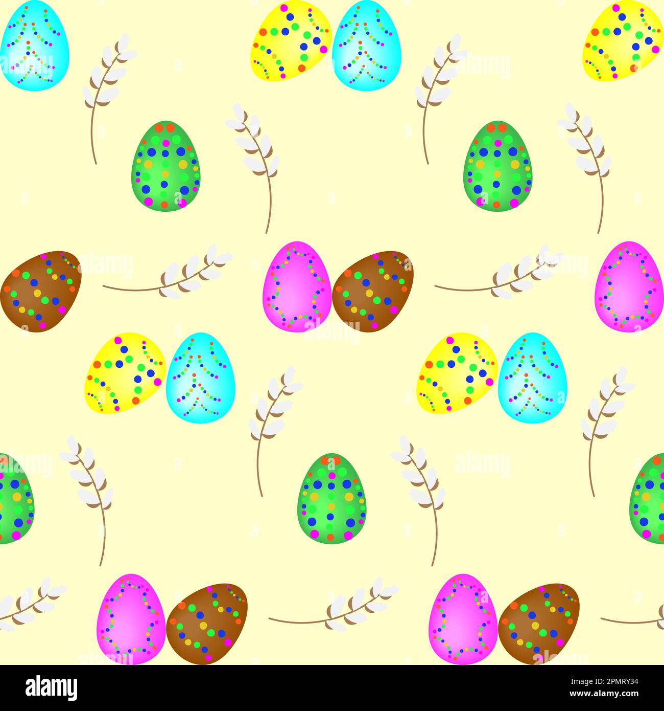Multi-colored decorated Easter eggs and willow branches on a light background. Seamless festive vector pattern. Stock Vector