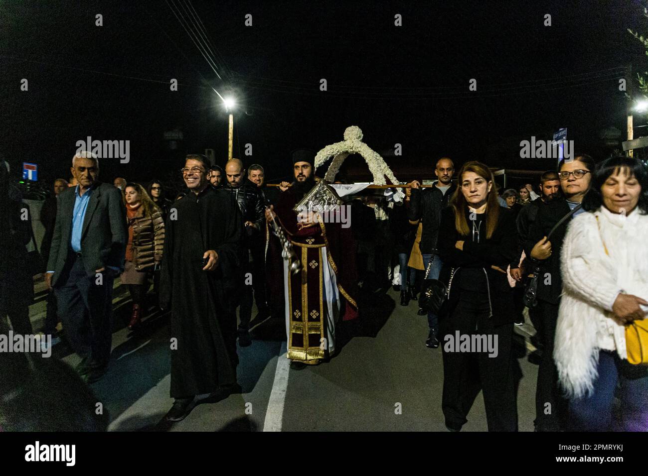 Limassol, Cyprus. 14th Apr, 2023. A priest leads the procession of the epitaph, Limassol, Cyprus, on Apr. 14, 2023. The Easter epitaph, the symbolic funeral bier of Jesus Christ, is celebrated on Good Friday from Orthodox Christians. (Photo by Kostas Pikoulas/Sipa USA). Credit: Sipa USA/Alamy Live News Stock Photo
