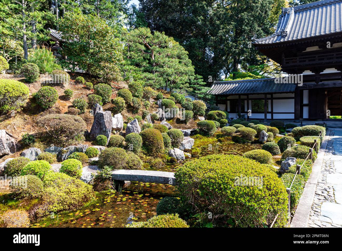 April 2023 Kyoto Japan, Tofukuji-Ji buddhist zen temple with Japanese water zen gardens and pond bridge at Founders Hall temple,Japan,Asia. Stock Photo