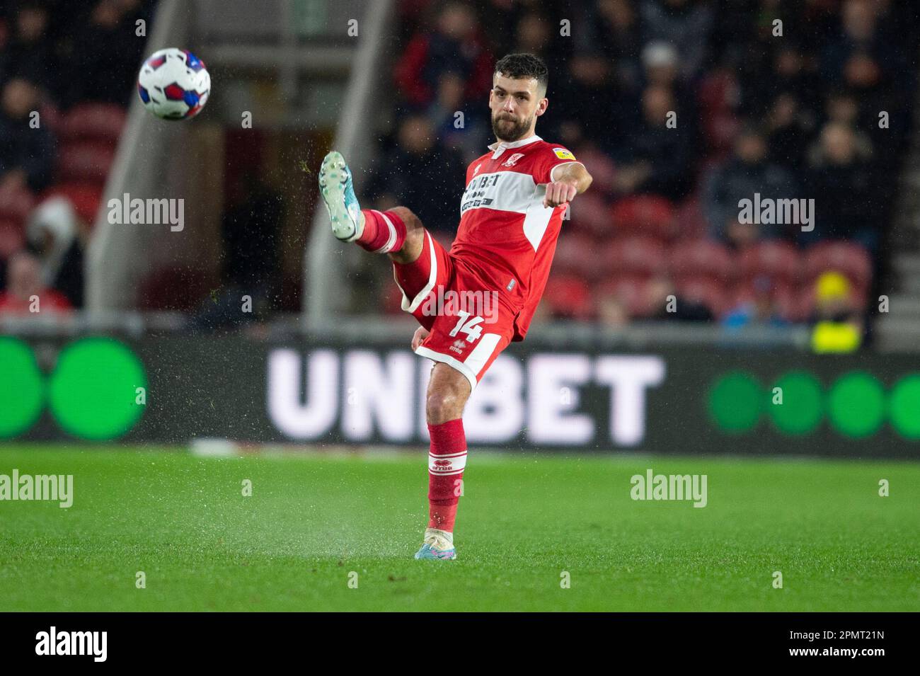 Middlesbrough's Tommy Smith lobs the ball forward during the Sky Bet Championship match between Middlesbrough and Norwich City at the Riverside Stadium, Middlesbrough on Friday 14th April 2023. (Photo: Trevor Wilkinson | MI News) Credit: MI News & Sport /Alamy Live News Stock Photo