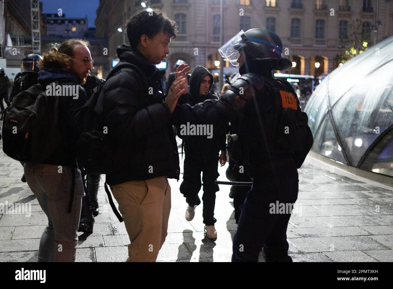 Paris, France. 14th Apr, 2023. French riot police arrest protesters at ...