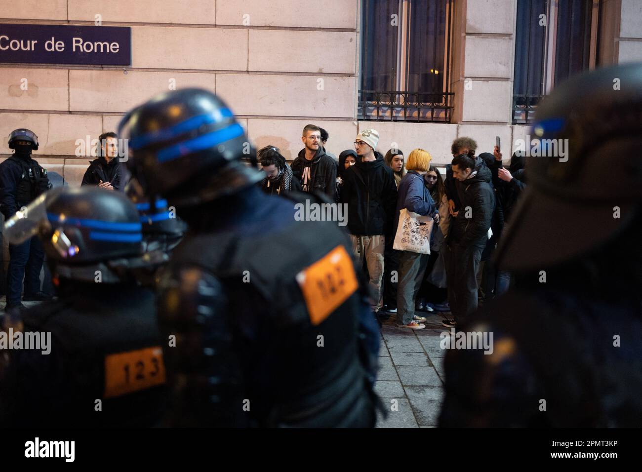 Paris, France. 14th Apr, 2023. French riot police arrest protesters at ...
