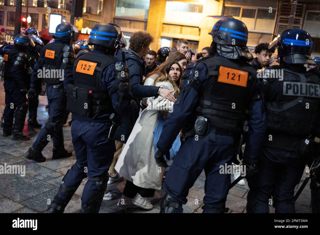 Paris, France. 14th Apr, 2023. French riot police arrest protesters at ...