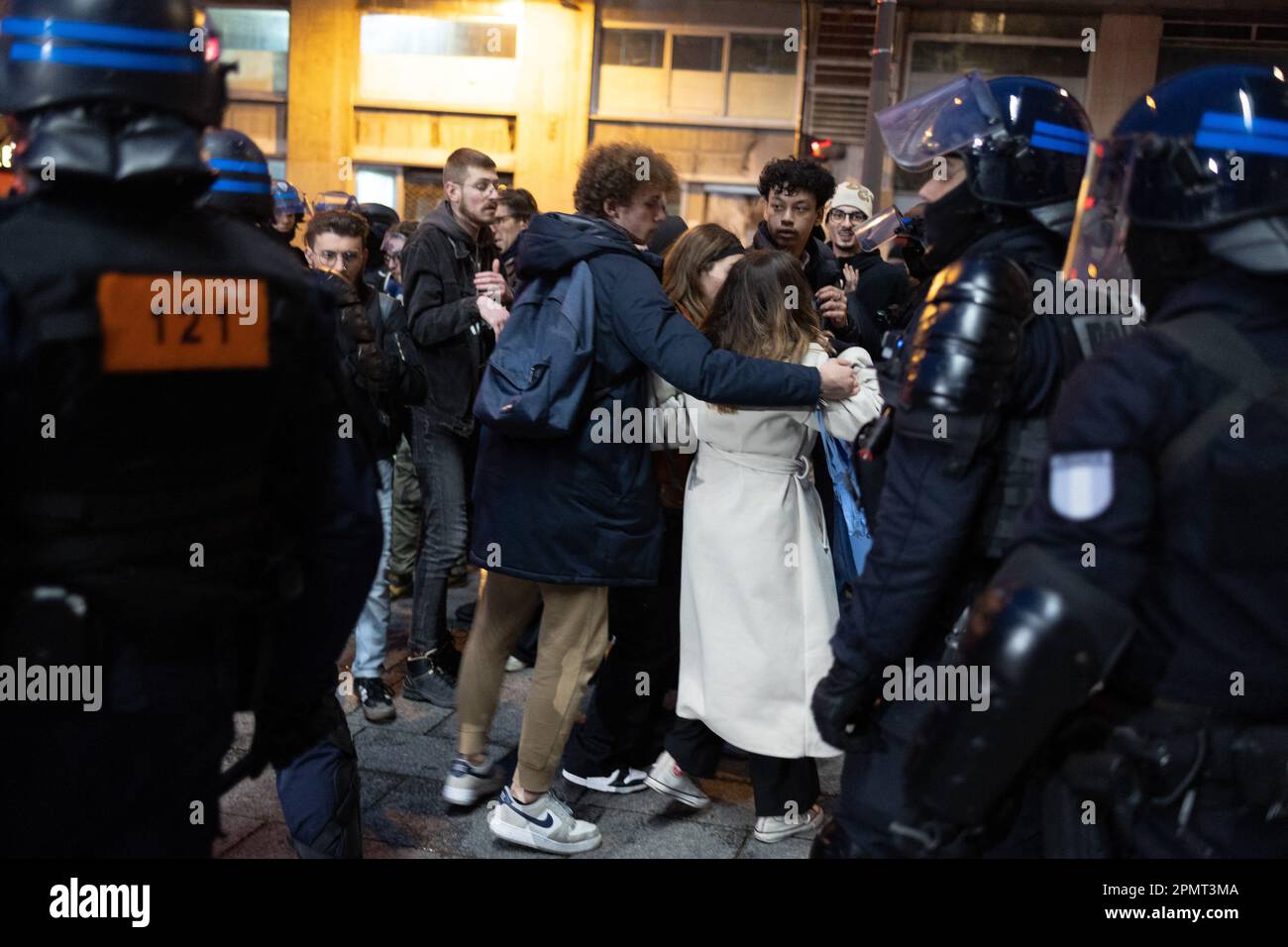 Paris, France. 14th Apr, 2023. French riot police arrest protesters at ...