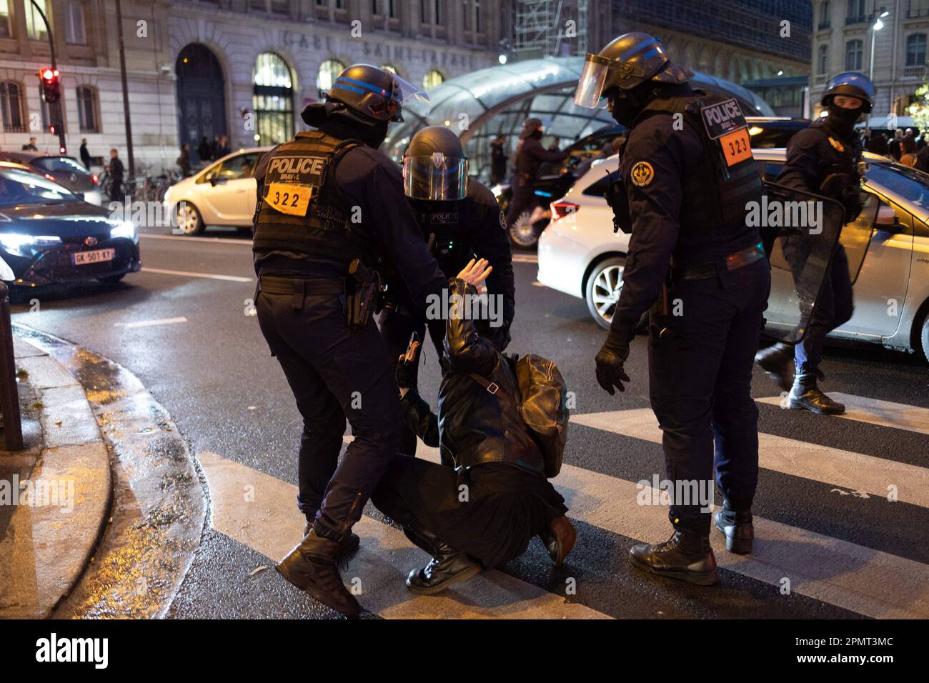 Paris, France. 14th Apr, 2023. French riot police arrest protesters at ...