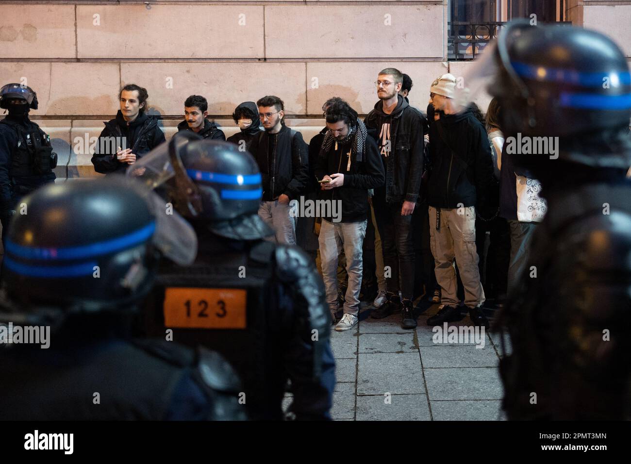 Paris, France. 14th Apr, 2023. French riot police arrest protesters at ...