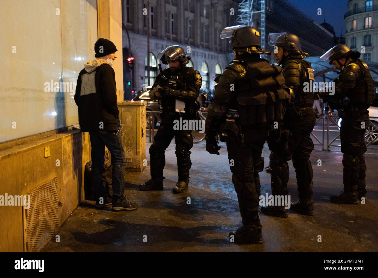 Paris, France. 14th Apr, 2023. French riot police arrest protesters at ...