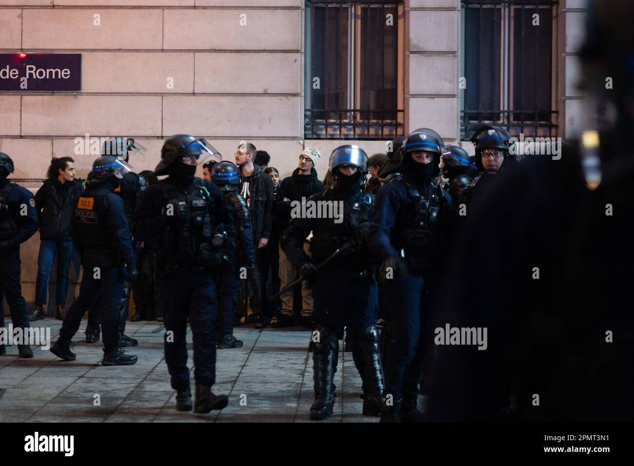 Paris, France. 14th Apr, 2023. French riot police arrest protesters at ...