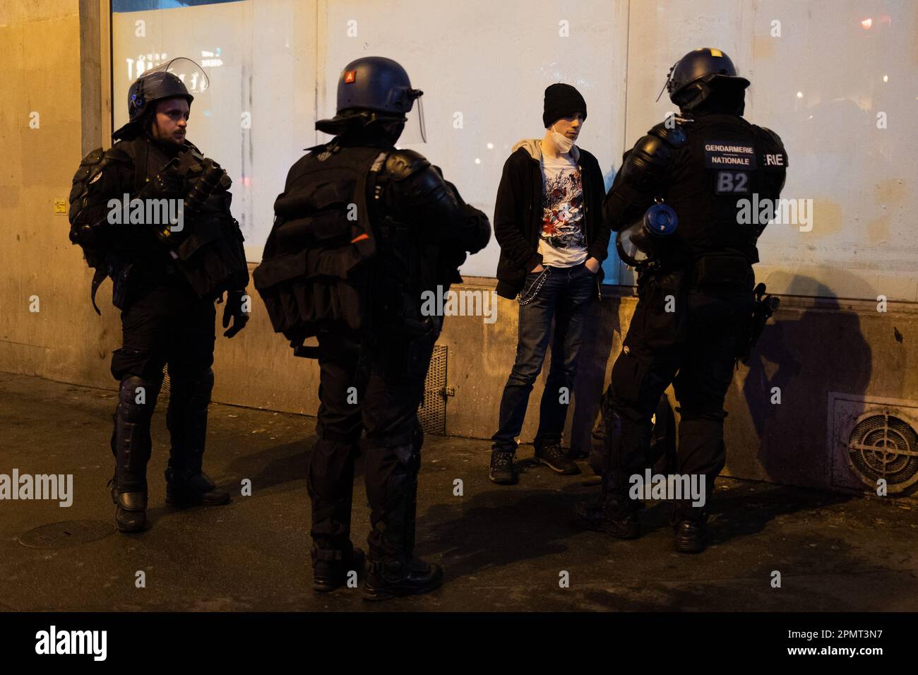 Paris, France. 14th Apr, 2023. French riot police arrest protesters at ...