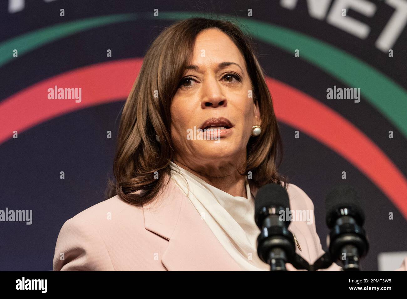 New York, USA. 14th Apr, 2023. Vice President of the USA Kamala Harris speaks during NAN 2023
