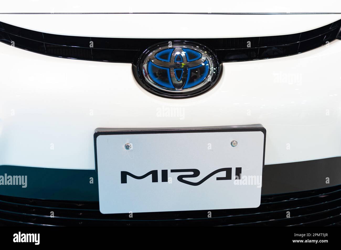 Odaiba, Tokyo, Japan, Toyota Showcase Mega Web Palette Town - January 2, 2020: Close-up front of Toyota MIRAI Fuel Cell Vehicle. Stock Photo