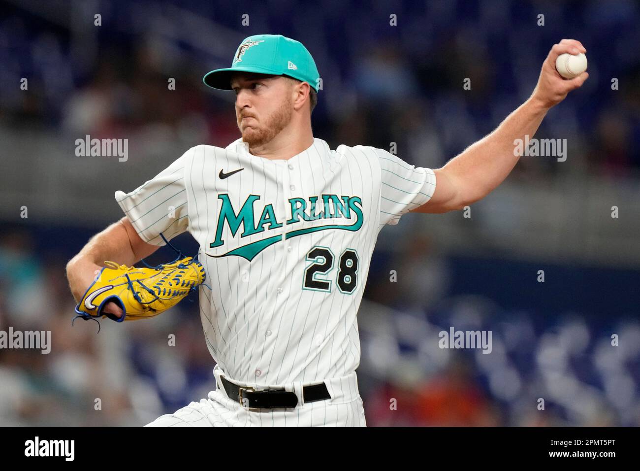Miami Marlins starting pitcher Trevor Rogers (28) throws during the