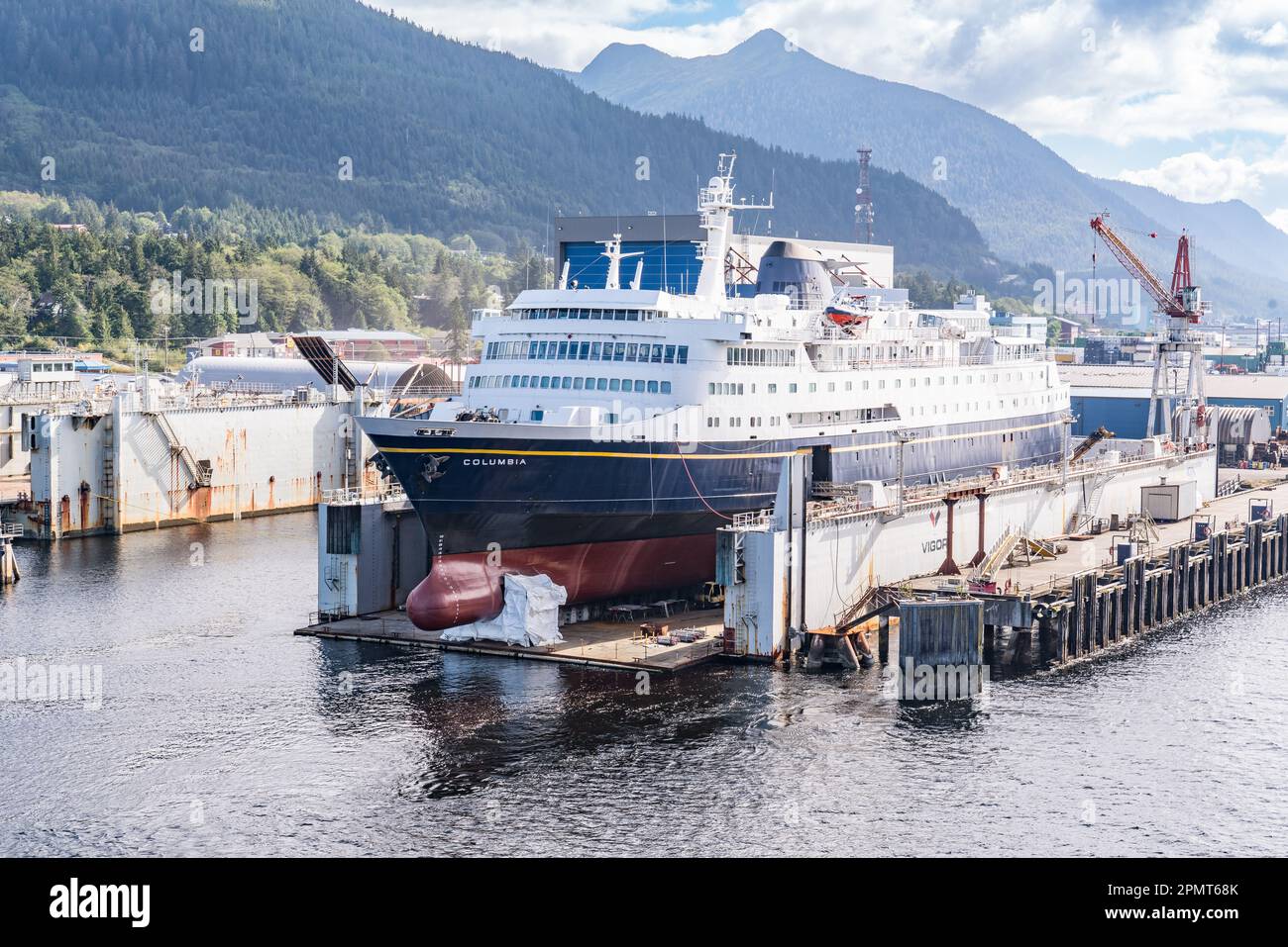 Ketchikan, AK - September 9, 2022: The ship MV Columbia docked in Ketchikan, Alaska.  The Columbia is part of the Alaska Marine Highway System fleet Stock Photo
