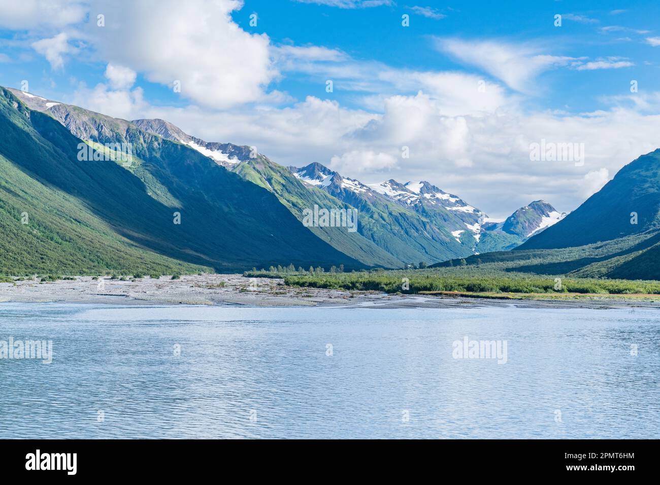Snowcapped mountains along the bay of Prince William Sound in Whittier, Alaska Stock Photo