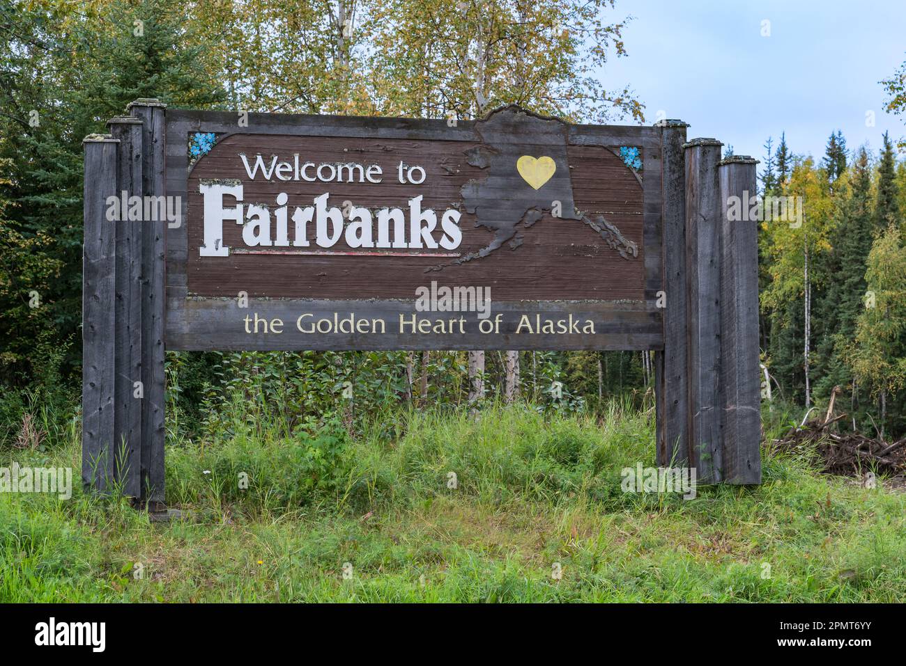 Fairbanks, Alaska - August 28, 2022: Welcome to Fairbanks sign along the highway outside of Fairbanks, Alaska Stock Photo