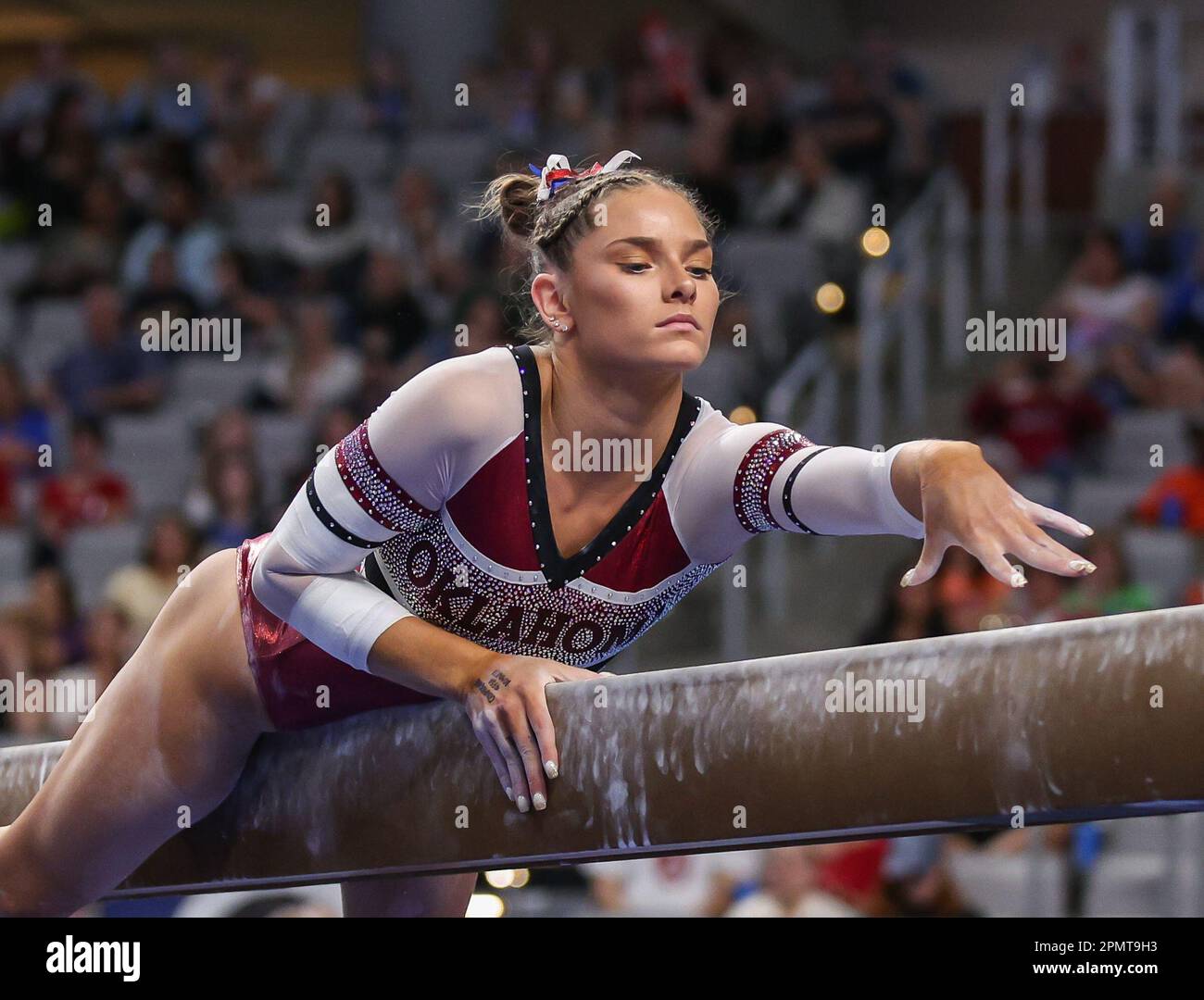 April 13, 2023: Oklahoma's Jordan Bowers competes on the balance beam  during Semifinal II of the 2023 NCAA National Collegiate Women's Gymnastics  Championships at Dickies Arena in Fort Worth, TX. Kyle Okita/CSM/Sipa