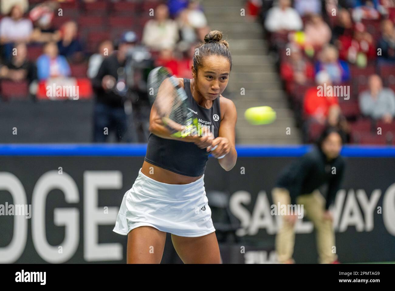 Vancouver, Canada. 14th April, 2023. Leylah Fernandez of Canada in action against Yanina Wickmayer of Belgium during the Billie Jean King Cup at Pacific Coliseum. Credit: Joe Ng/Alamy Live News Stock Photo