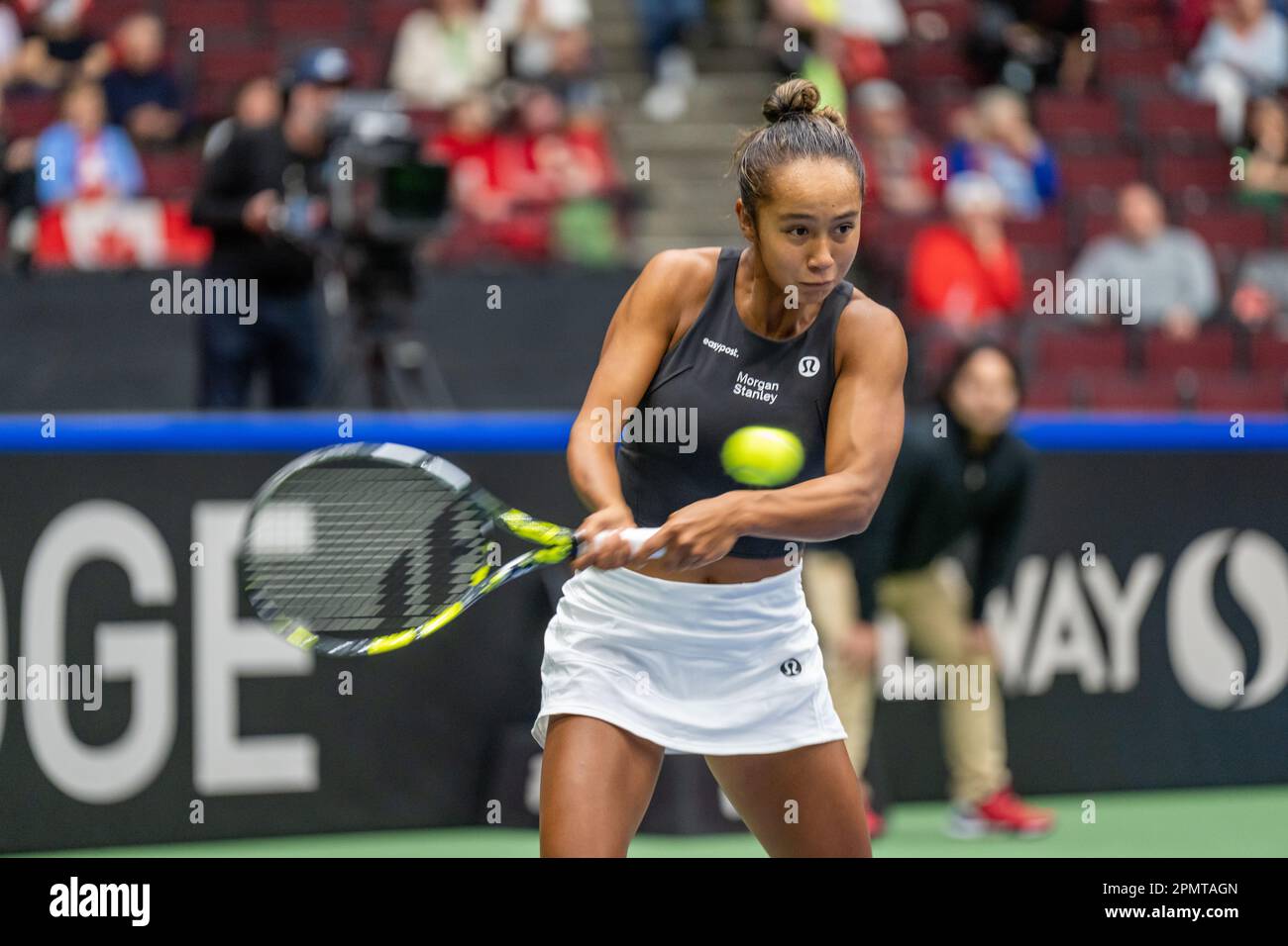 Vancouver, Canada. 14th April, 2023. Leylah Fernandez of Canada in action against Yanina Wickmayer of Belgium during the Billie Jean King Cup at Pacific Coliseum. Credit: Joe Ng/Alamy Live News Stock Photo