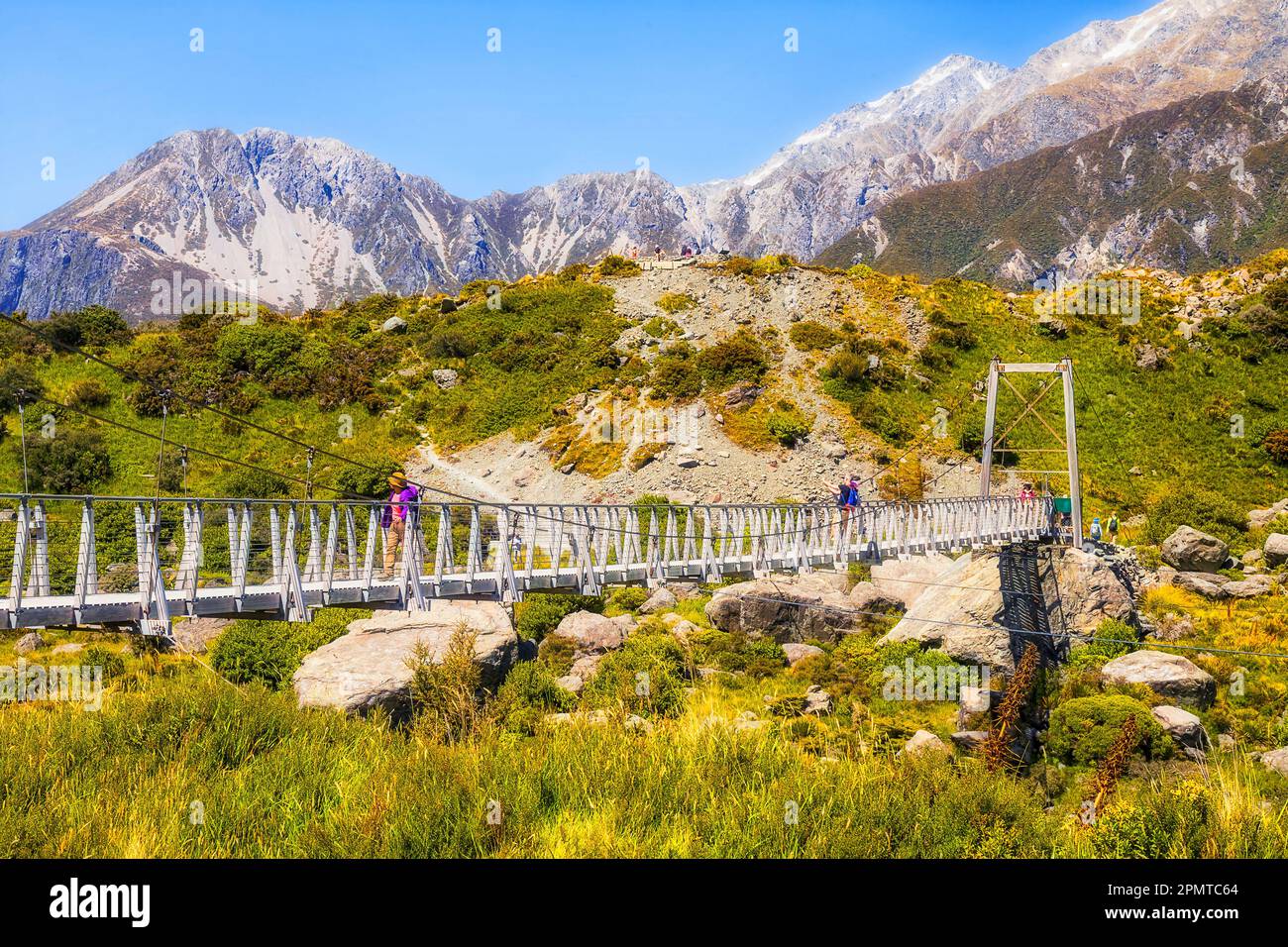 Suspension cable pedestrian bridge on Hooker Valley track in Mt Cook