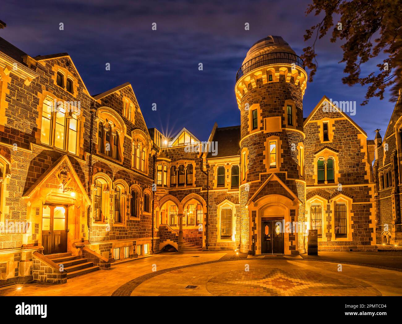 Bright illuminated historic architecture of Christchurch city heritage