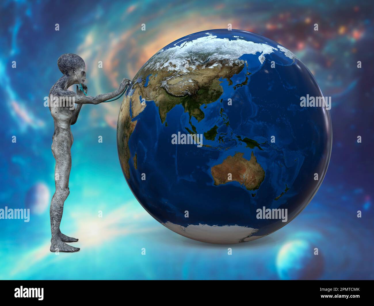 Alien with stethoscope listening to the Earth, illustration Stock Photo